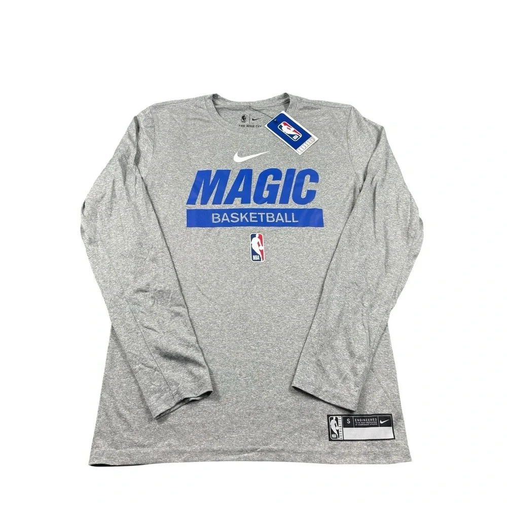 Nike Orlando Magic Gray Long Sleeve Spellout Shirt DQ7063-063 Mens Size S NWT